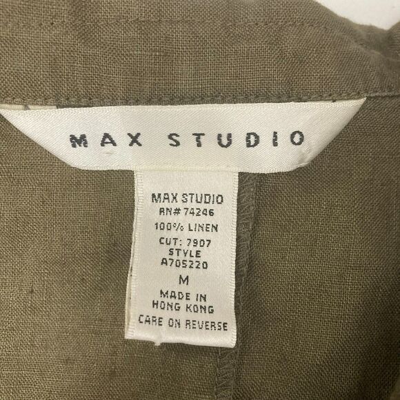 Max Studio Shirt Size M 100% Linen Olive Green Button Front 3/4 Sleeve - Picture 10 of 13